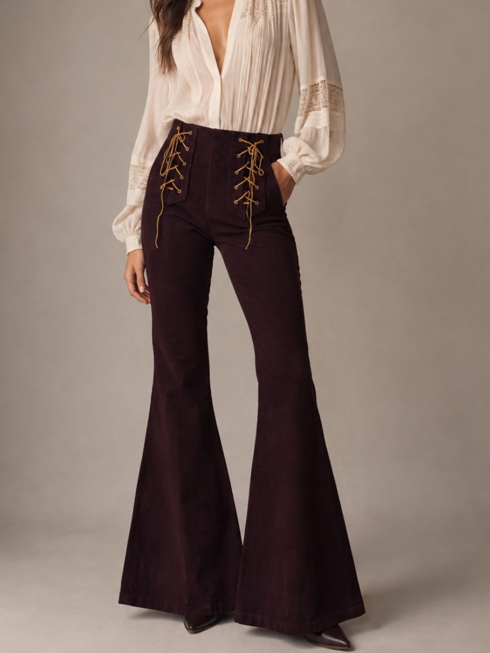 Judith March Burgundy Woodstock Corduroy Lace Up Flared Pants